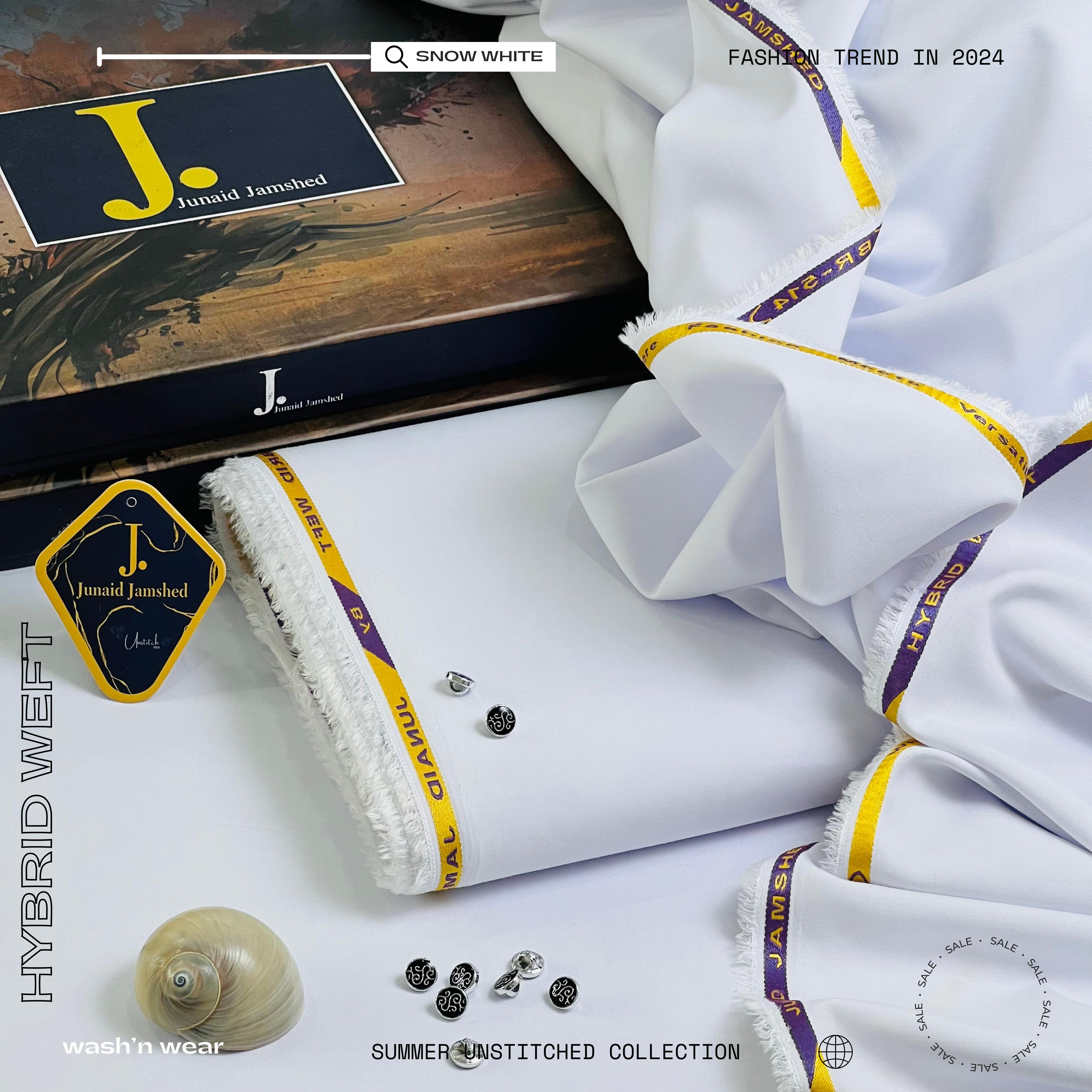 JUNAID JAMSHED -Hybrid Weft - Snow White - ( Unstitched ) Shalwar Kameez ( Four Season )