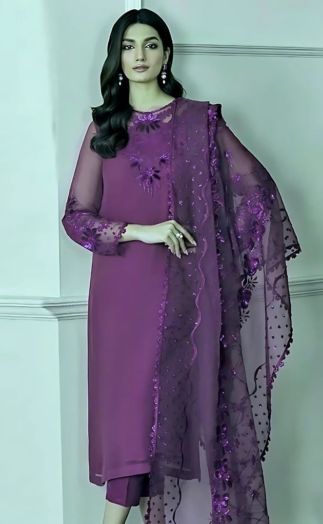 BAROQUE ⏐ CHIFFON, ORGANCA & SILK ⏐SEQUENCE WORK EMBROIDERY⏐ UNSTITCHED ⏐ 3 PC ⏐ PURPLE