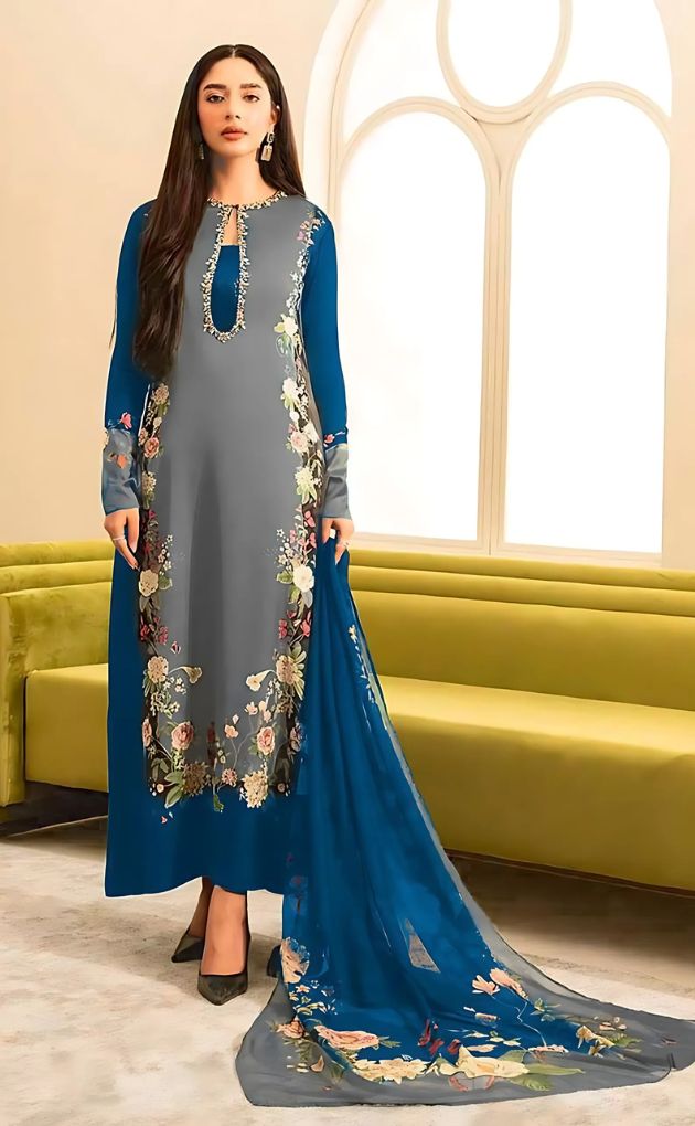 LULUSAR ⏐ SILK ⏐ FLORAL DIGITAL PRINTED ⏐UNSTITCHED ⏐ 3 PC ⏐ ROYAL BLUE