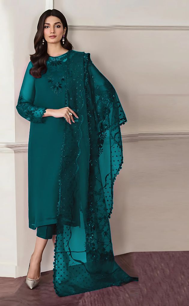 BAROQUE ⏐ CHIFFON, ORGANCA & SILK ⏐SEQUENCE WORK EMBROIDERY⏐ UNSTITCHED ⏐ 3 PC ⏐ GREEN ZINC