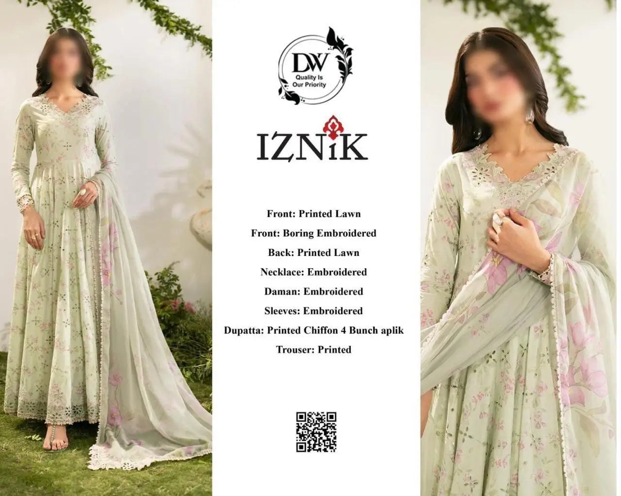 IZNIK ⏐ EMBROIDERED WORK ⏐ CHIFFON DUPATTA ⏐ PURE LAWN ⏐ 3 PIECE